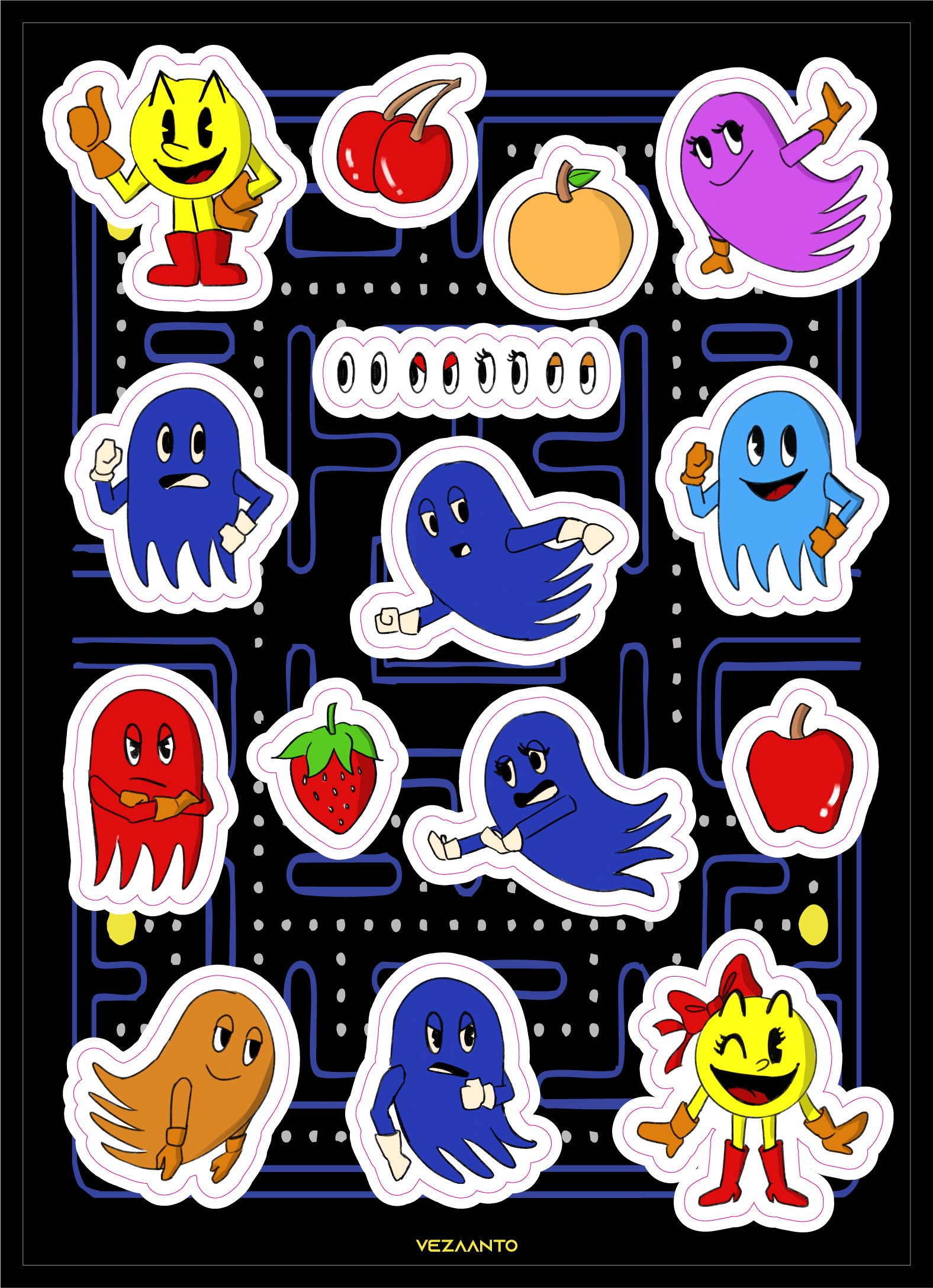 Pacman Machine Controls Sticker Pac-Man: Icons | Sticker Sheet – Vezaanto